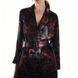 Zara medium silky printed blouse with belt burgundy black witchy corporate goth